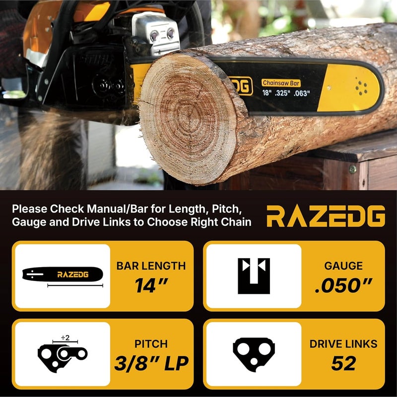 RazEdg Carbide Chainsaw Chain 14 Inch, 3/8" LP Pitch, .050" Gauge, 52 Drive Links, Fits Husqvarna 120, Echo CS-310, Ryobi RY3714, and More- S52 (1 Chain) - Image 2